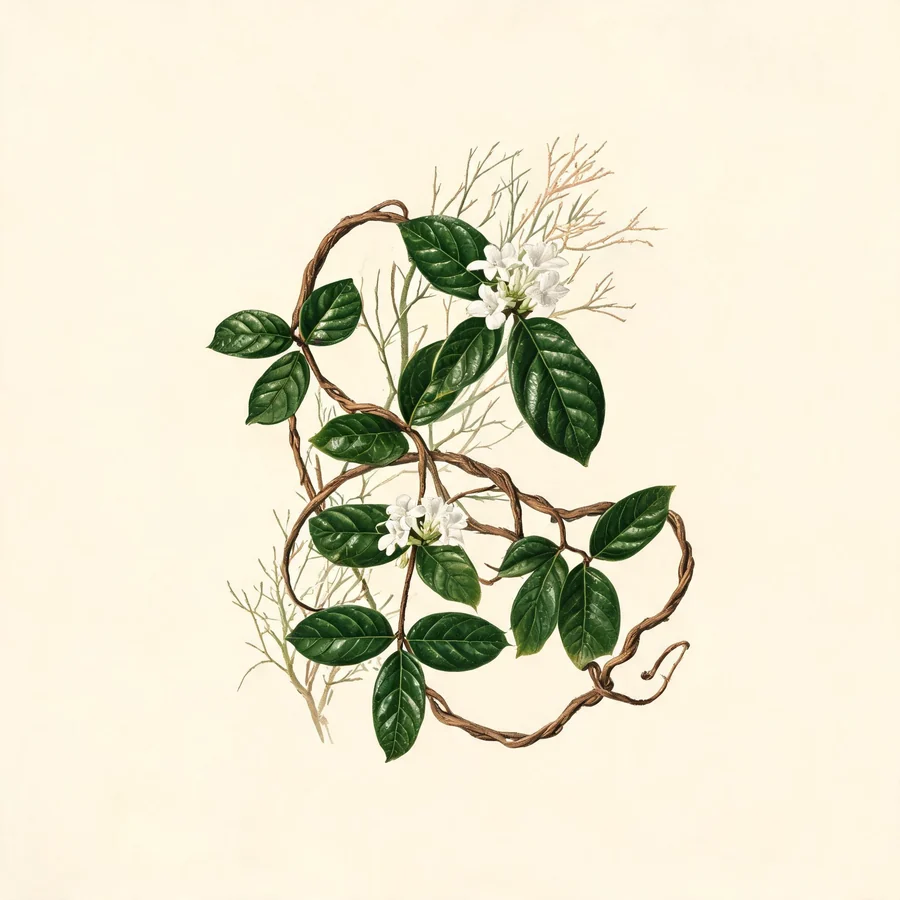 Botanical illustration of Morinda officinalis in flower, showing its leaves and flowering stem