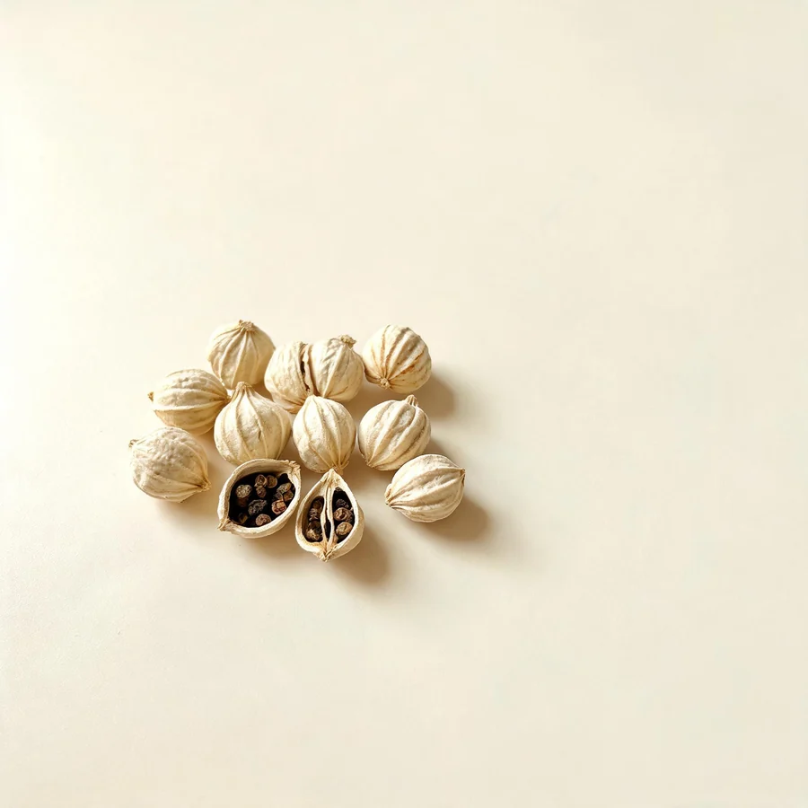 Dried Bai Dou Kou seed arranged in a shallow bowl