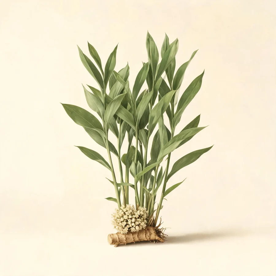 Botanical illustration of Amomum kravanh in flower, showing its leaves and flowering stem