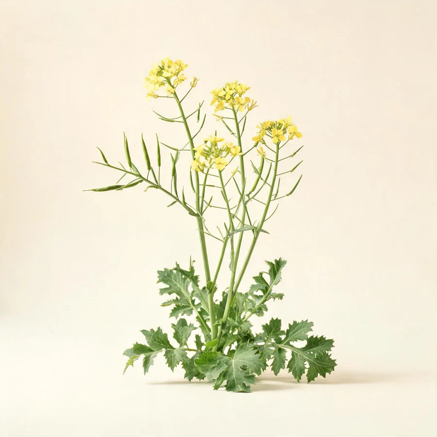 Botanical illustration of Sinapis alba in flower, showing its leaves and flowering stem