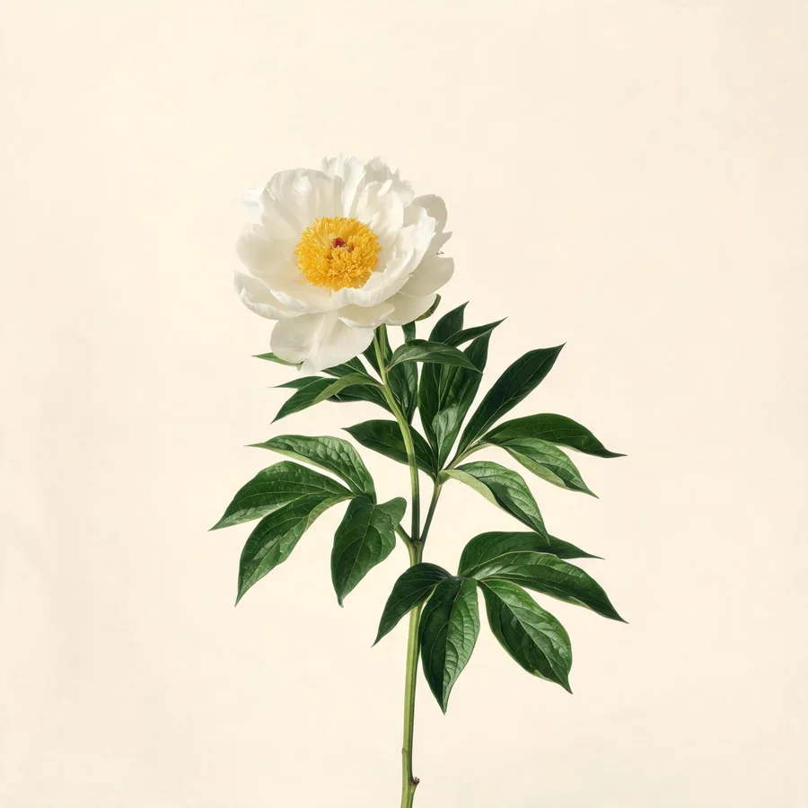 Botanical illustration of Paeonia lactiflora in flower, showing its leaves and flowering stem