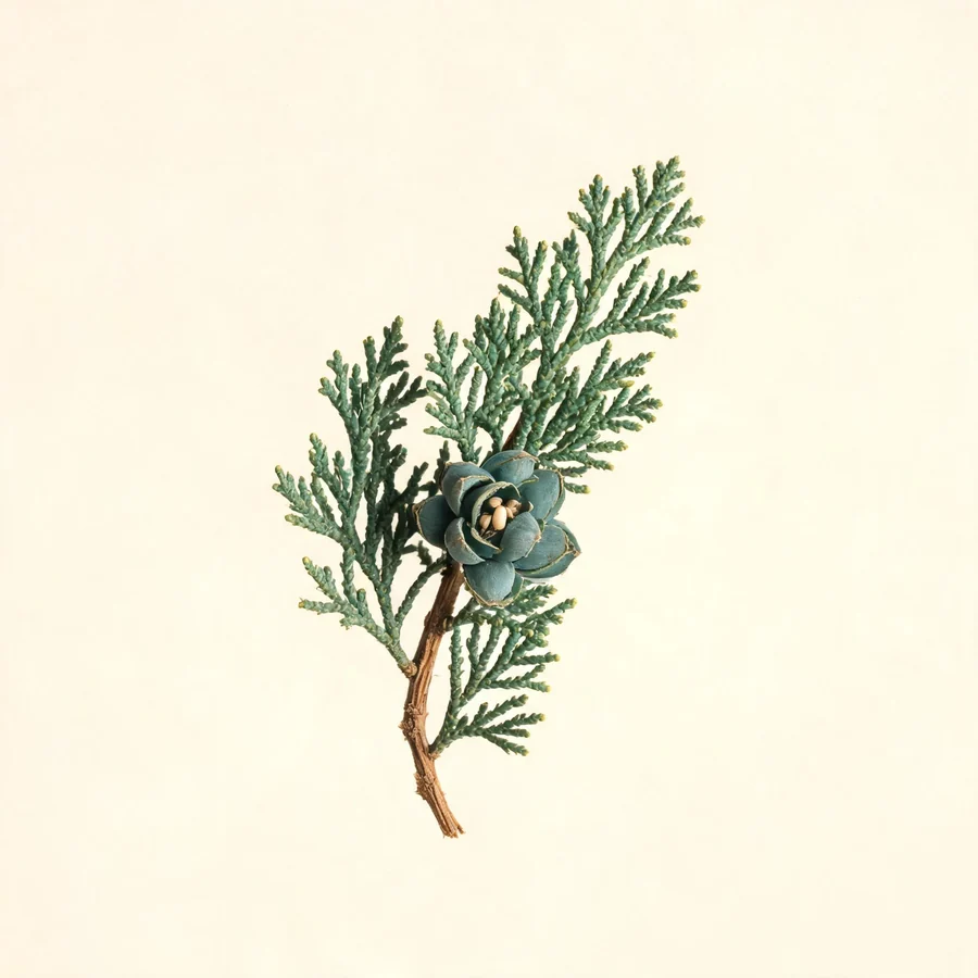 Botanical illustration of Platycladus orientalis in flower, showing its leaves and flowering stem