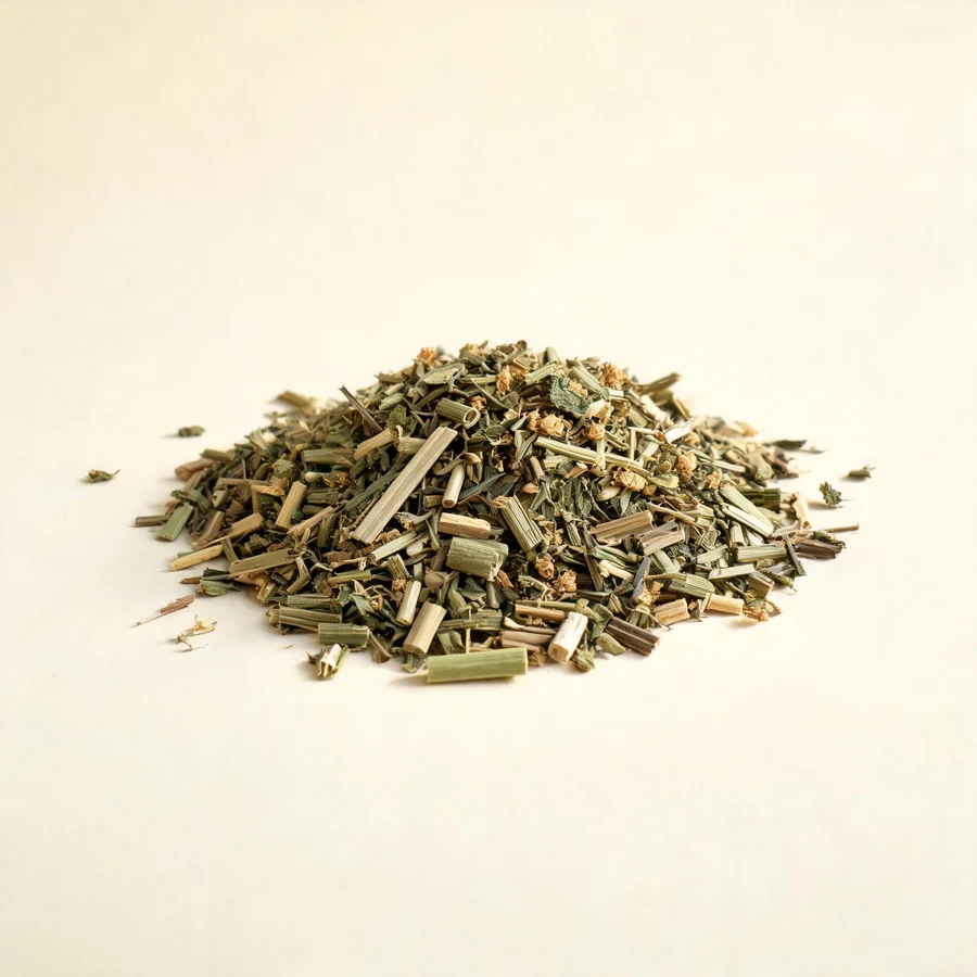 Dried Bian Xu aerial parts arranged in a shallow bowl