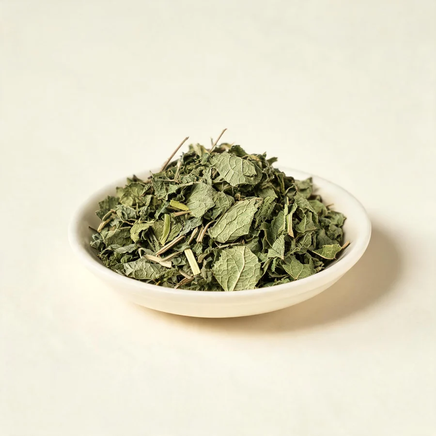 Dried Bo He aerial parts arranged in a shallow bowl