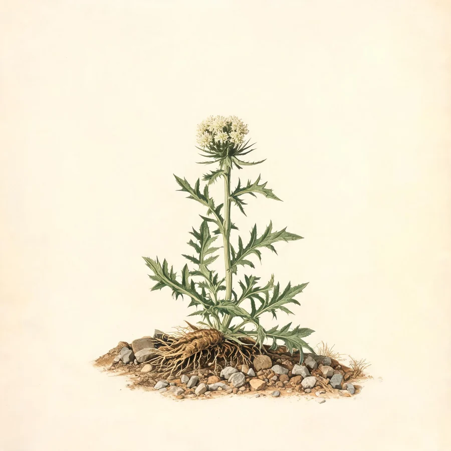 Botanical illustration of Atractylodes lancea in flower, showing its leaves and flowering stem