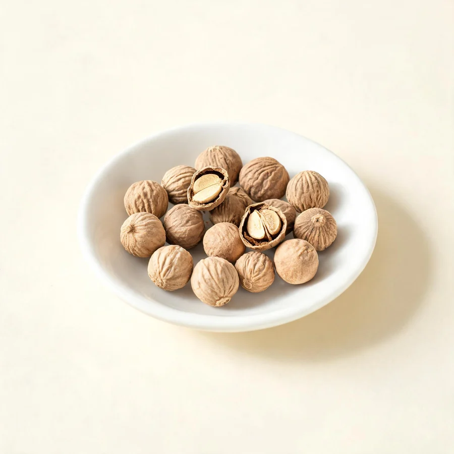 Dried Cao Dou Kou dried ripe seed arranged in a shallow bowl