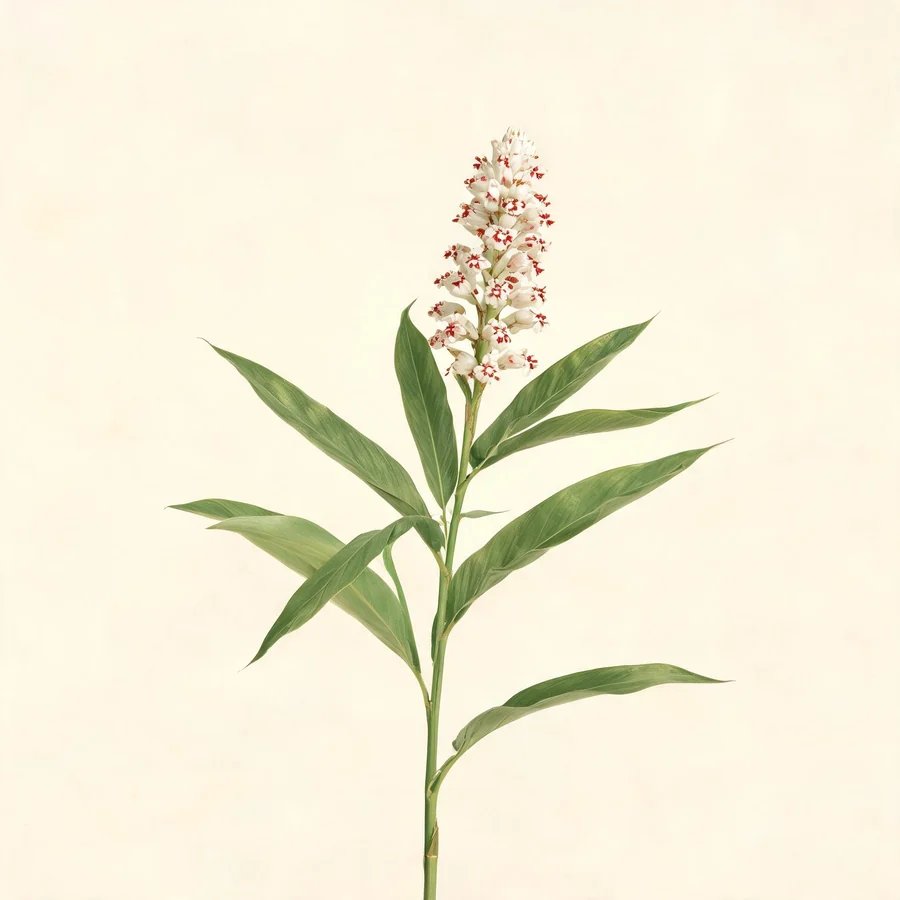 Botanical illustration of Alpinia katsumadai in flower, showing its leaves and flowering stem