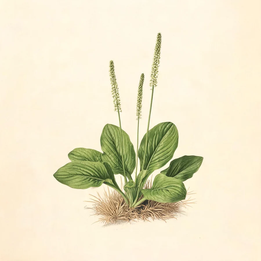 Botanical illustration of Plantago asiatica in flower, showing its leaves and flowering stem