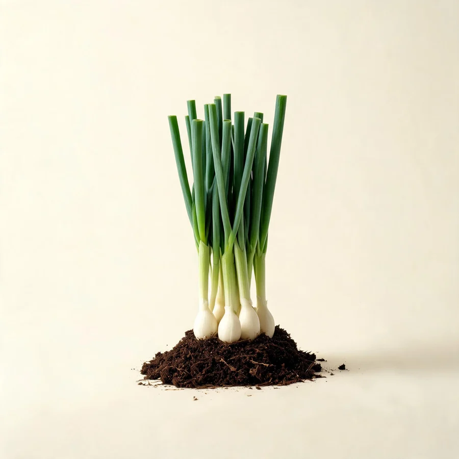Botanical illustration of Allium fistulosum in flower, showing its leaves and flowering stem