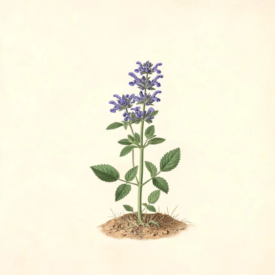 Botanical illustration of Salvia miltiorrhiza in flower, showing its leaves and flowering stem