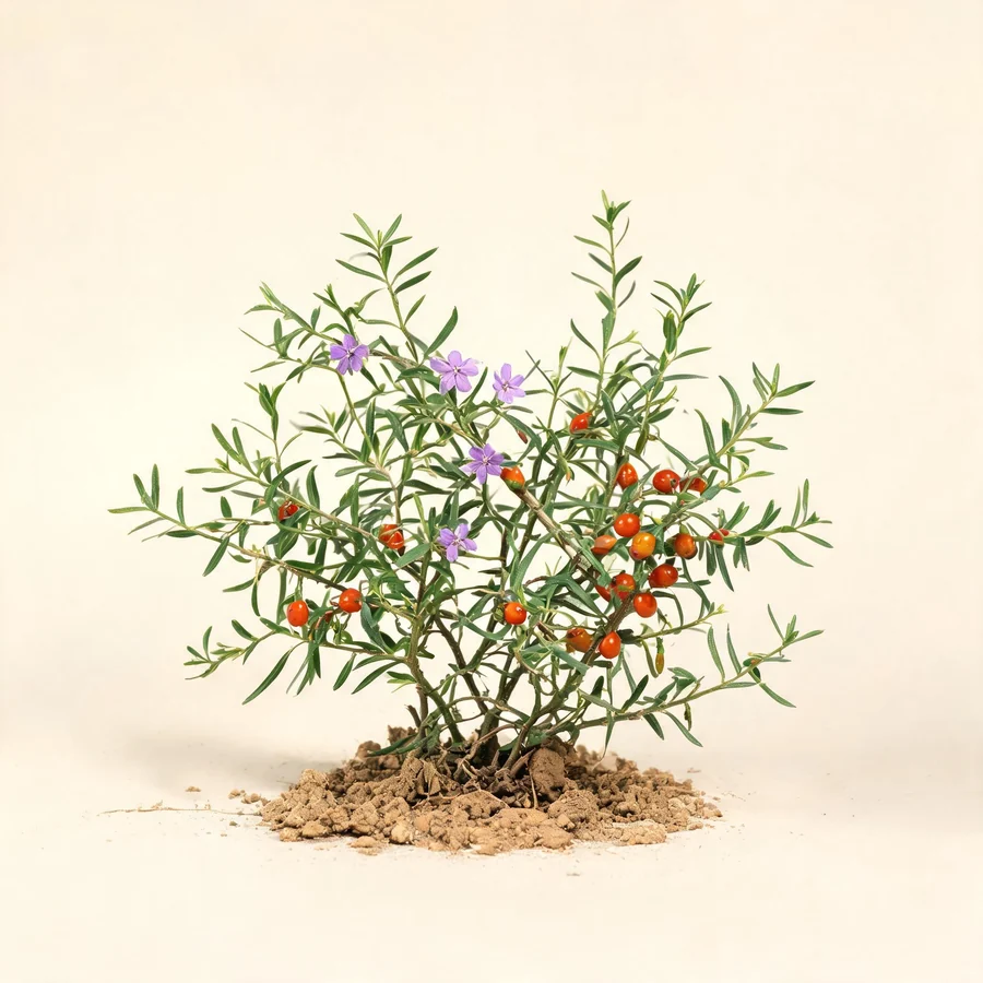Botanical illustration of Lycium chinense in flower, showing its leaves and flowering stem