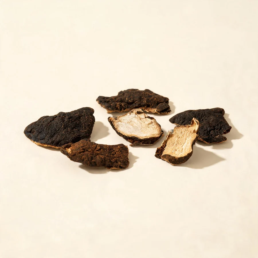 Dried Fu Ling Pi outer peel of the sclerotium arranged in a shallow bowl
