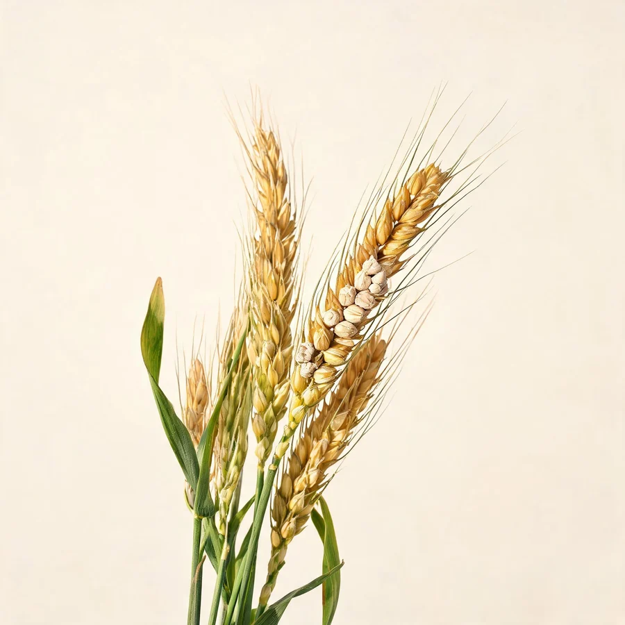 Botanical illustration of Triticum aestivum in flower, showing its leaves and flowering stem