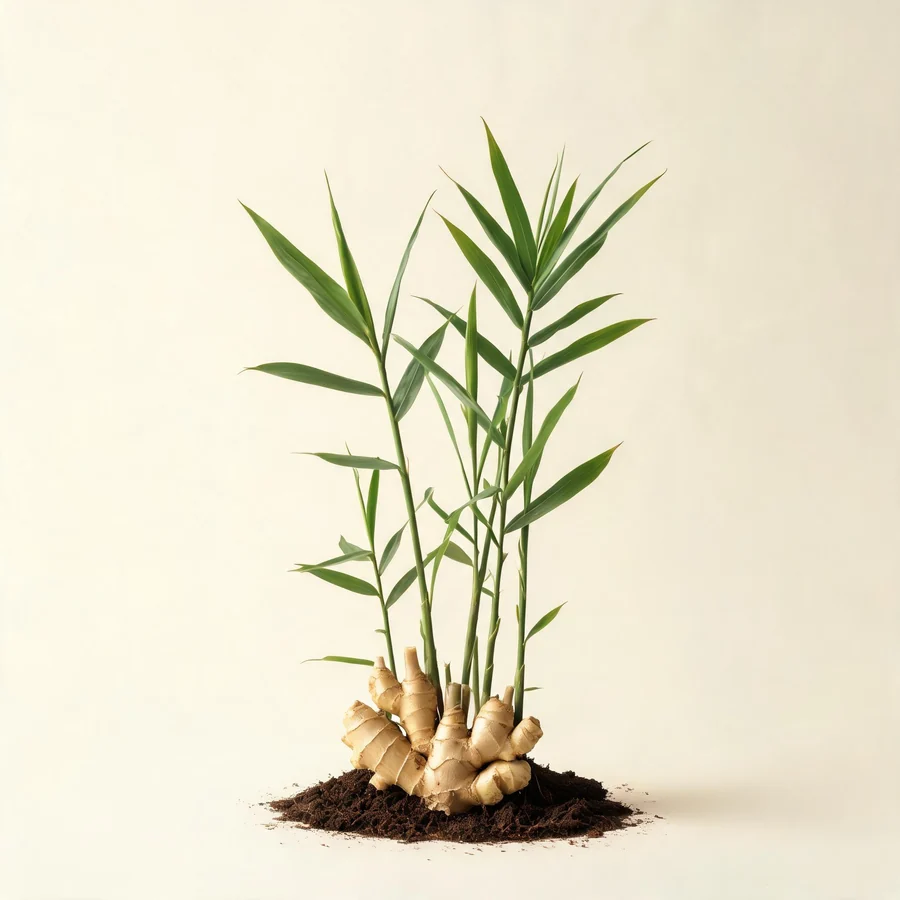 Botanical illustration of Zingiber officinale in flower, showing its leaves and flowering stem