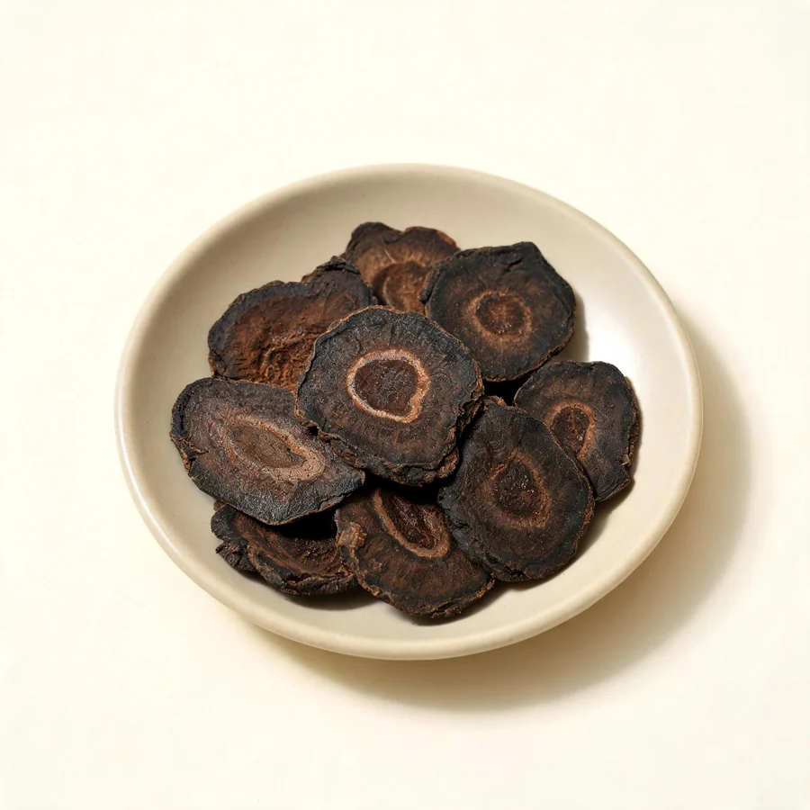 Dried He Shou Wu prepared root tuber arranged in a shallow bowl
