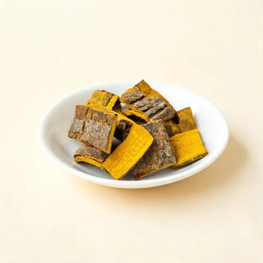 Dried Huang Bo bark arranged in a shallow bowl