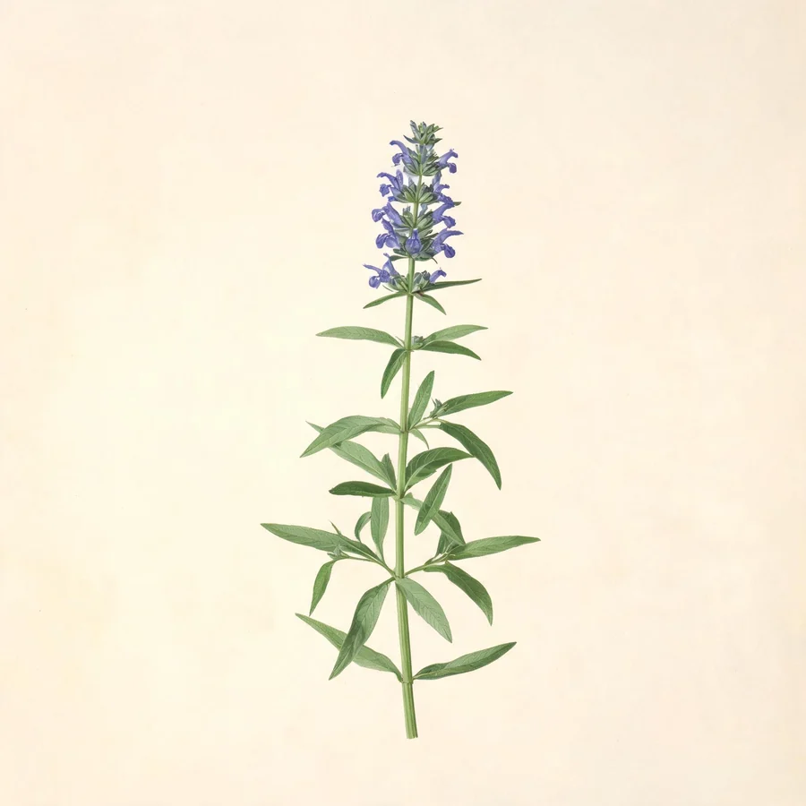 Botanical illustration of Scutellaria baicalensis in flower, showing its leaves and flowering stem