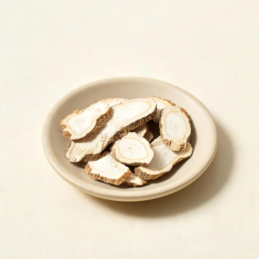 Dried Jie Geng root arranged in a shallow bowl