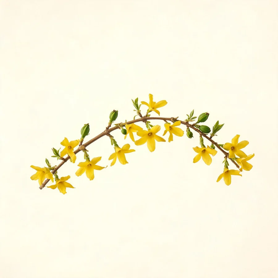 Botanical illustration of Forsythia suspensa in flower, showing its leaves and flowering stem