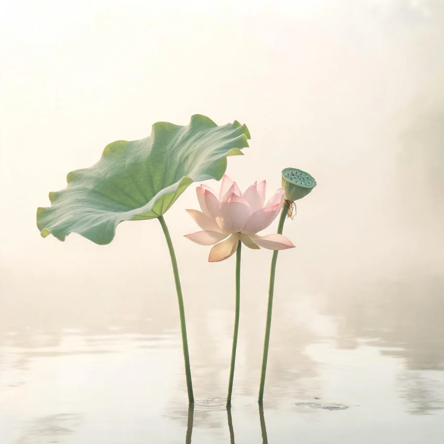 Botanical illustration of Nelumbo nucifera in flower, showing its leaves and flowering stem