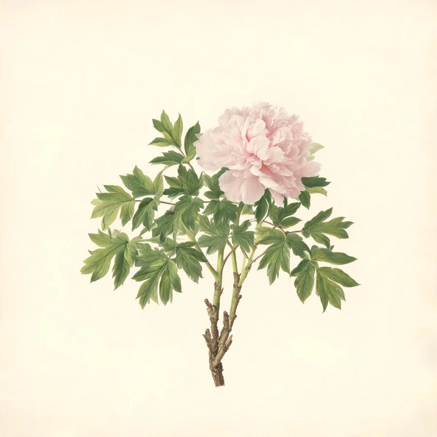 Botanical illustration of Paeonia suffruticosa in flower, showing its leaves and flowering stem