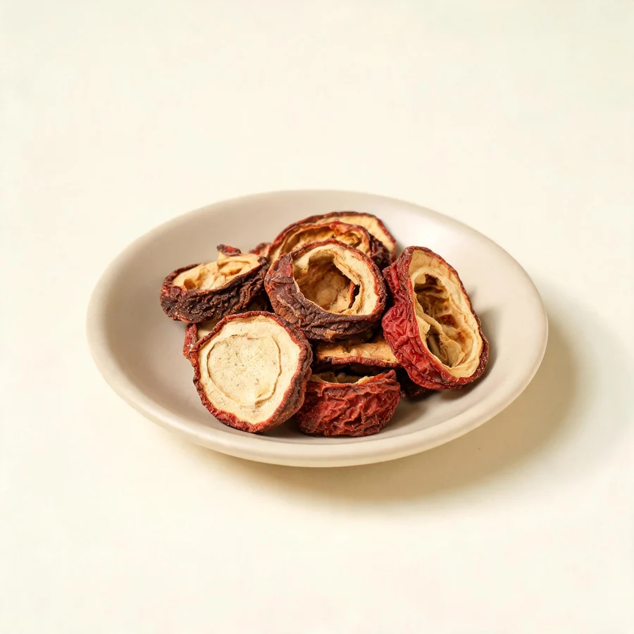 Dried Mu Gua fruit arranged in a shallow bowl