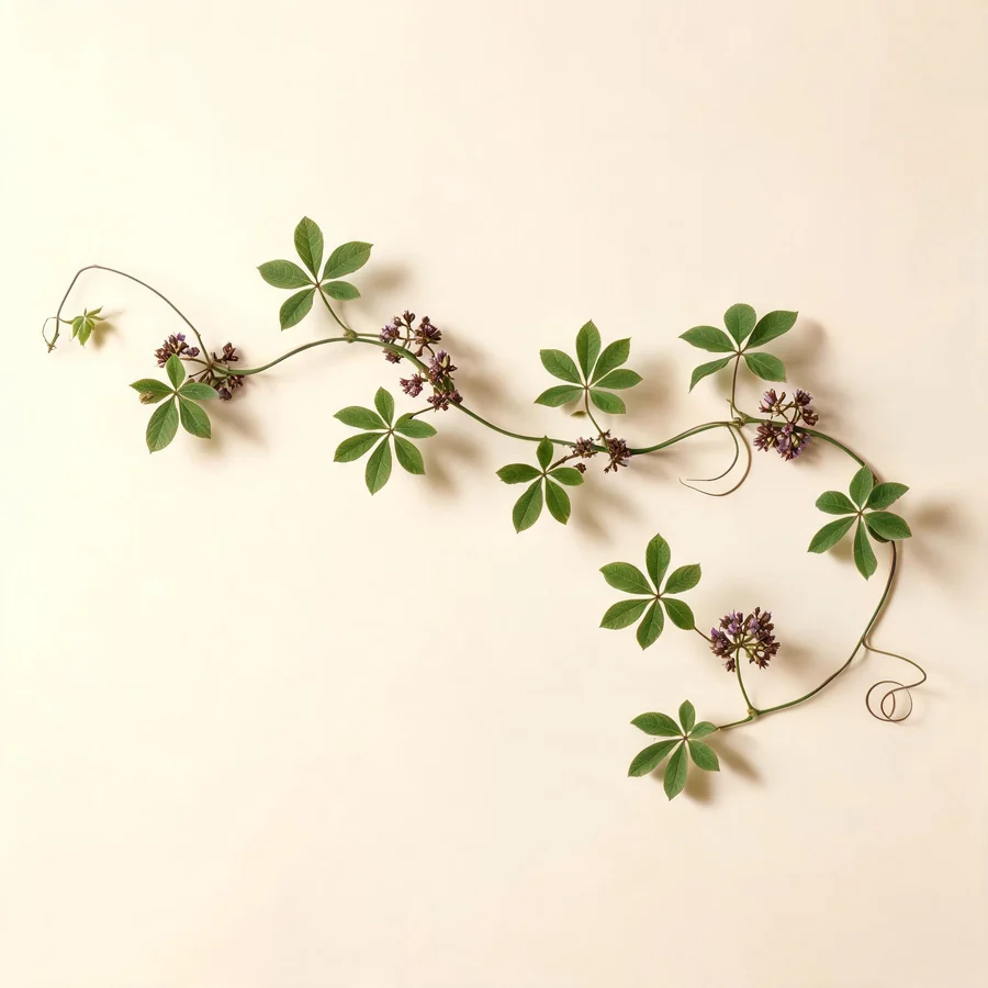 Botanical illustration of Akebia quinata in flower, showing its leaves and flowering stem