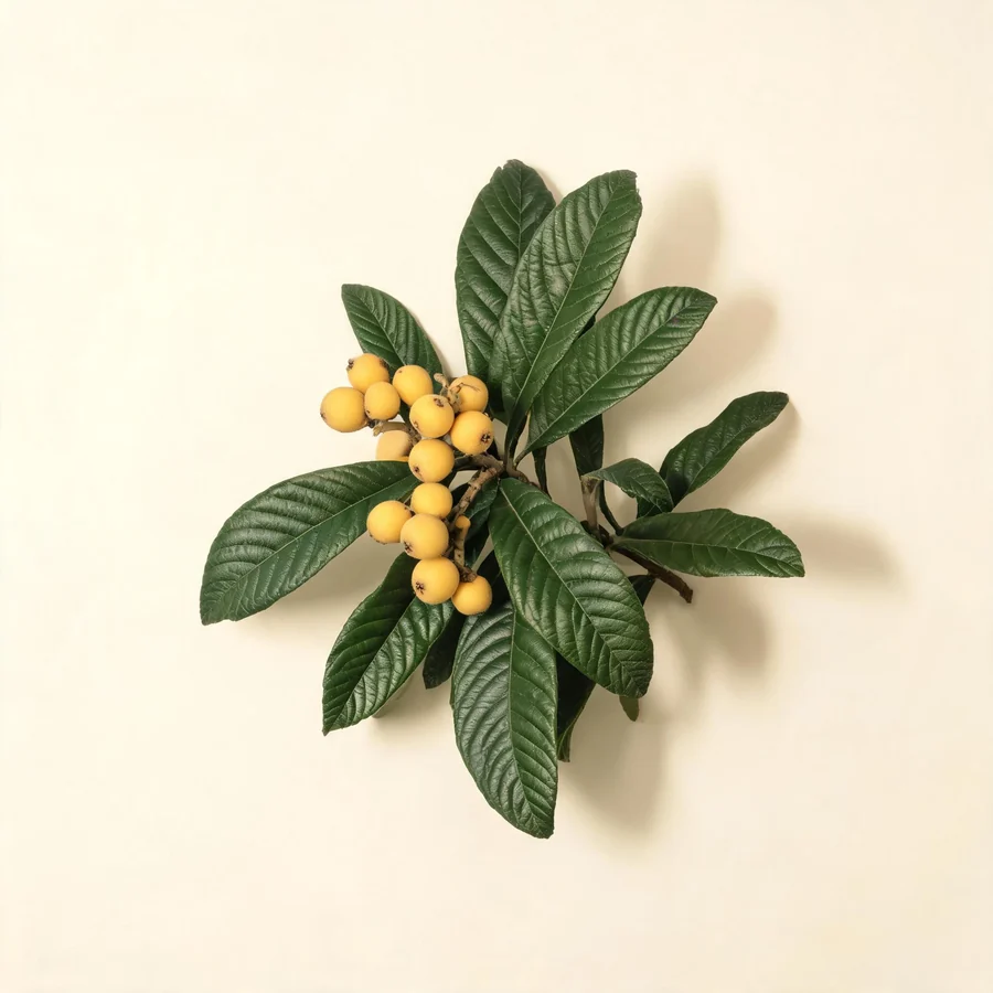 Botanical illustration of Eriobotrya japonica in flower, showing its leaves and flowering stem