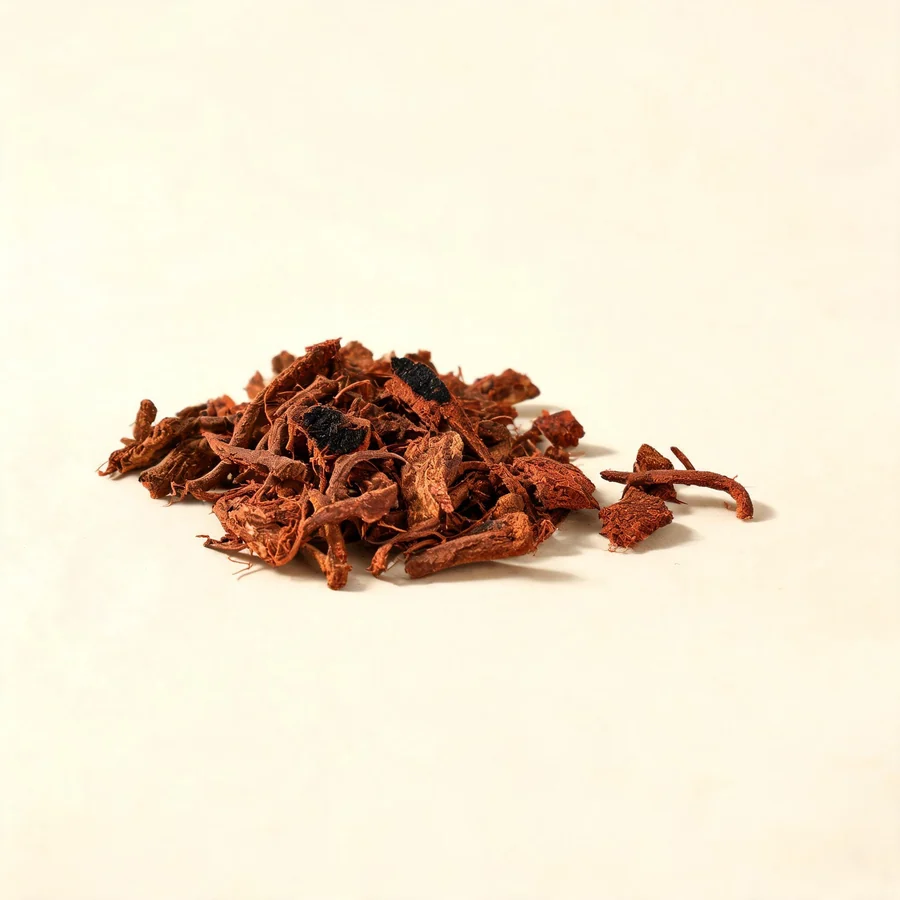 Dried Qian Cao root and rhizome arranged in a shallow bowl