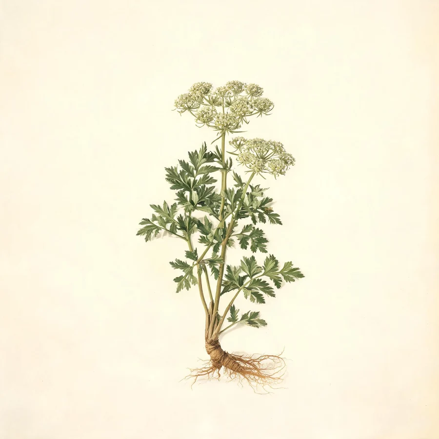 Botanical illustration of Notopterygium incisum in flower, showing its leaves and flowering stem