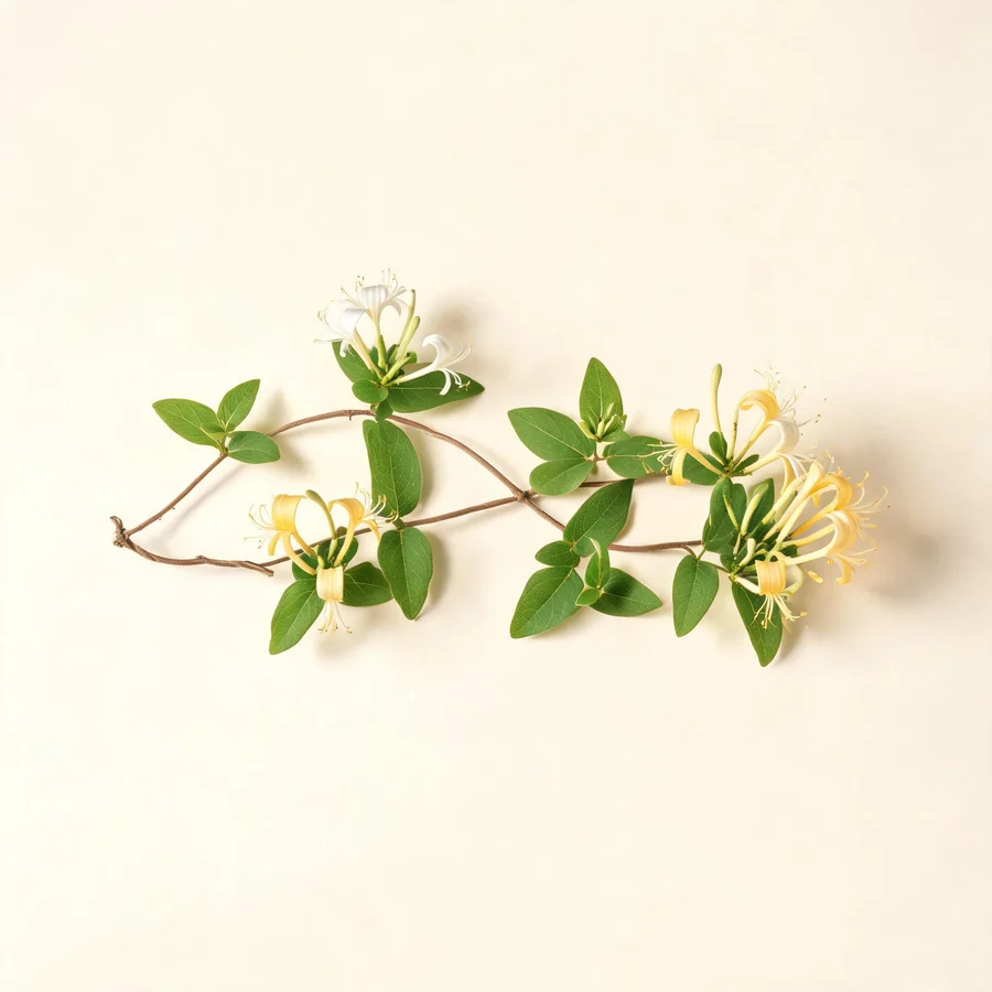 Botanical illustration of Lonicera japonica in flower, showing its leaves and flowering stem