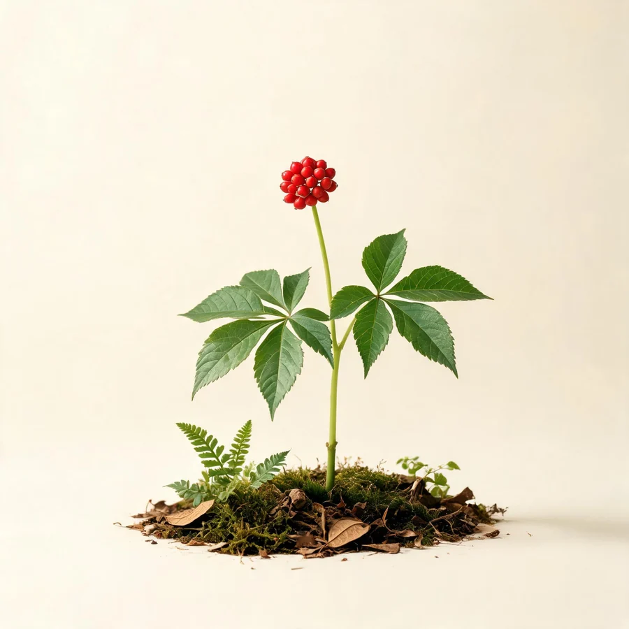 Botanical illustration of Panax ginseng in flower, showing its leaves and flowering stem