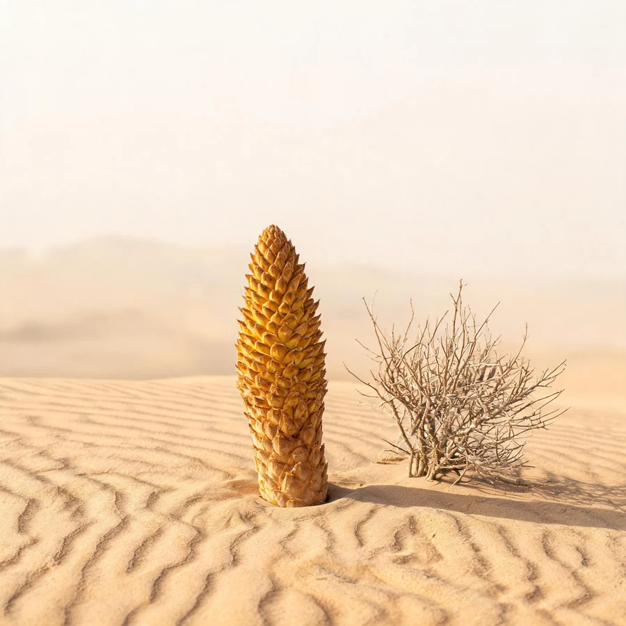 Botanical illustration of Cistanche deserticola in flower, showing its leaves and flowering stem