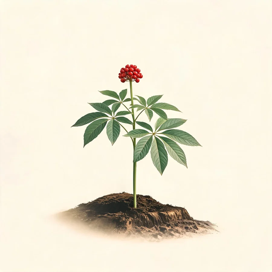 Botanical illustration of Panax notoginseng in flower, showing its leaves and flowering stem