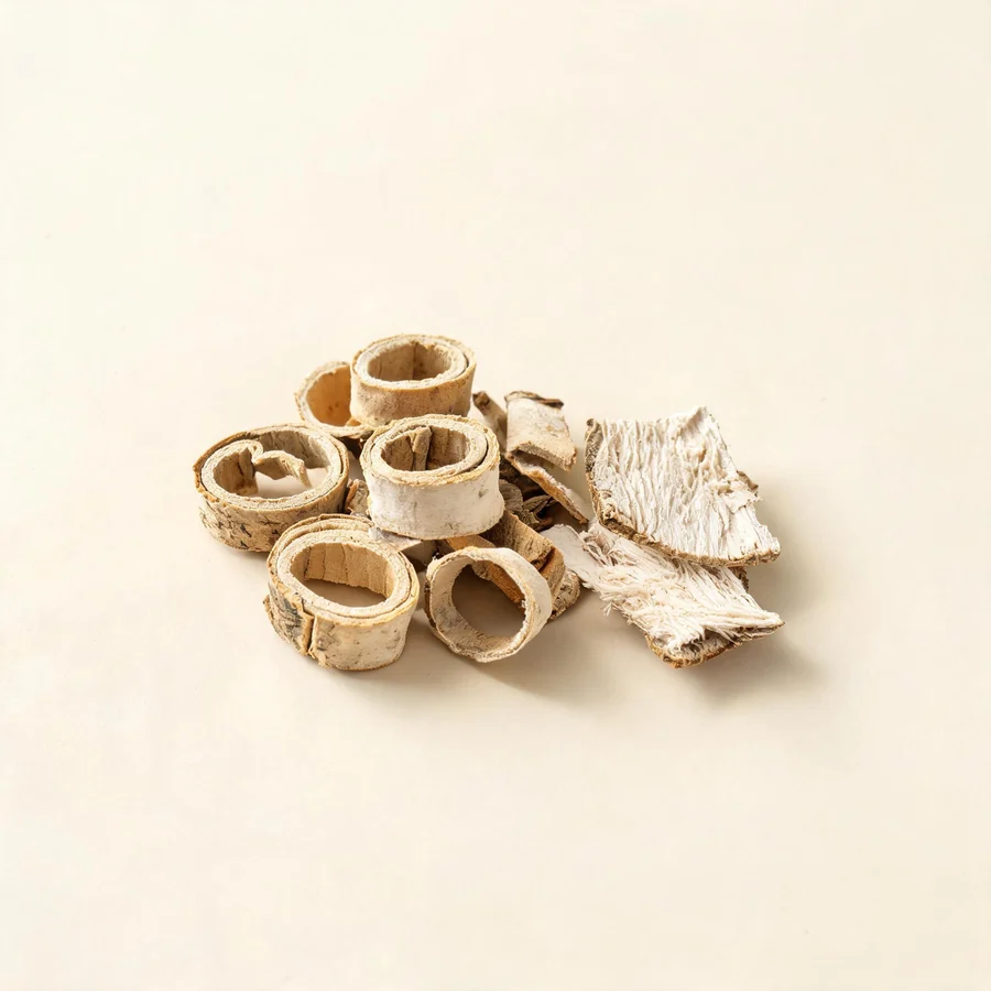 Dried Sang Bai Pi root bark arranged in a shallow bowl