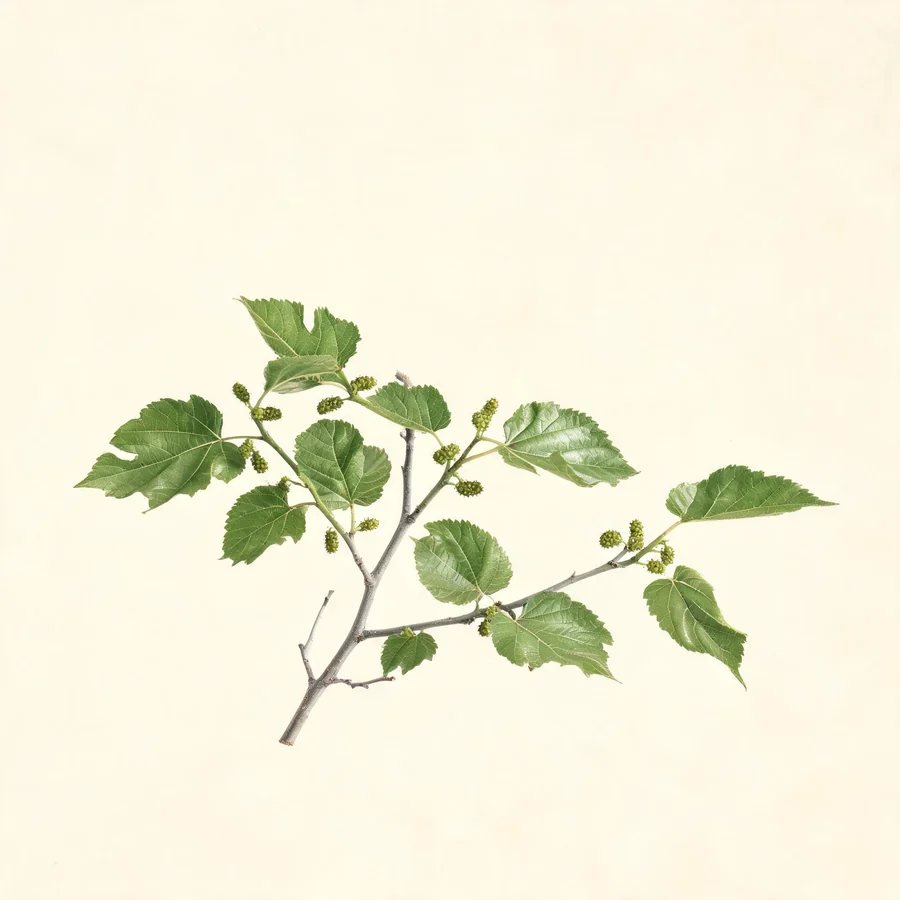 Botanical illustration of Morus alba in flower, showing its leaves and flowering stem