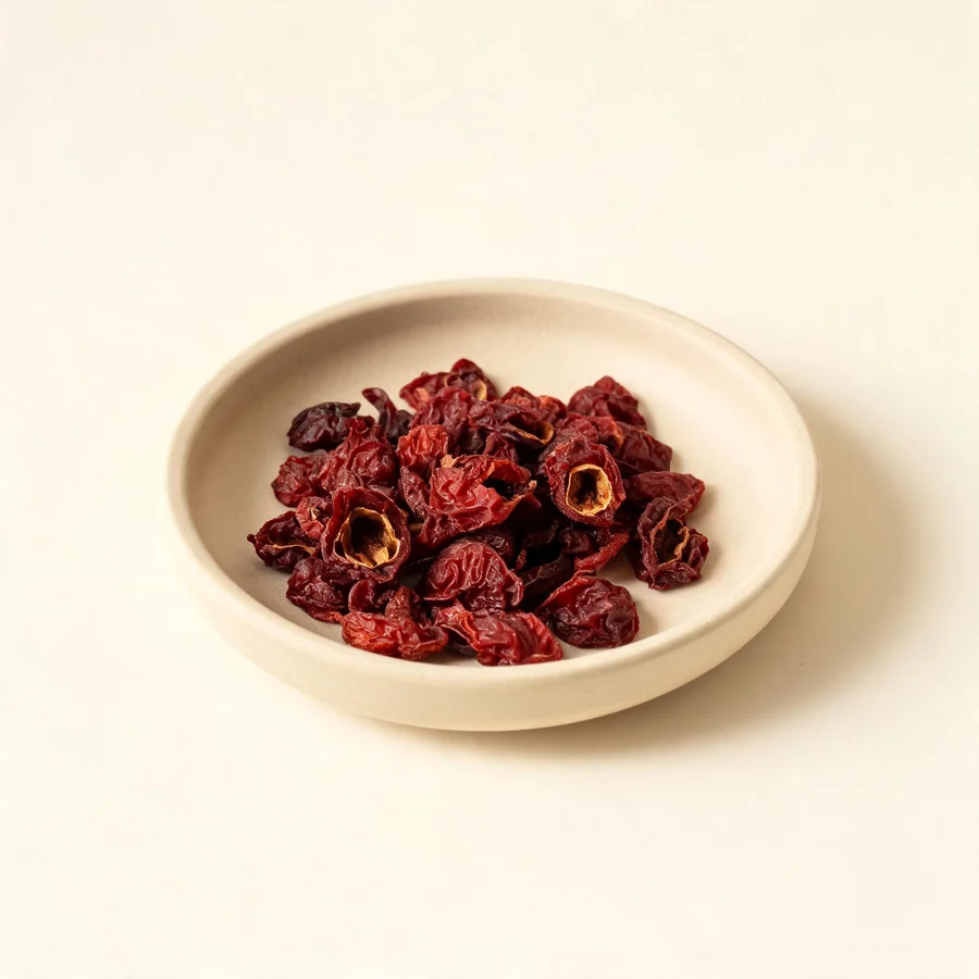 Dried Shan Zhu Yu fruit flesh arranged in a shallow bowl