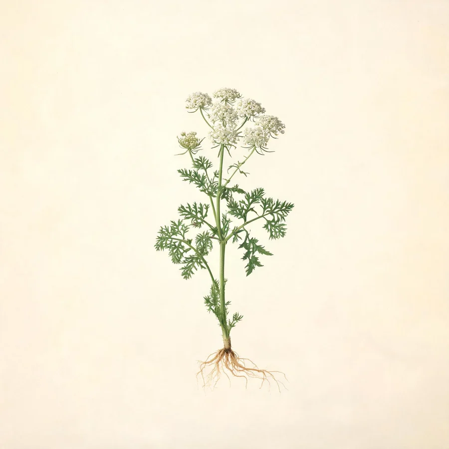 Botanical illustration of Cnidium monnieri in flower, showing its leaves and flowering stem