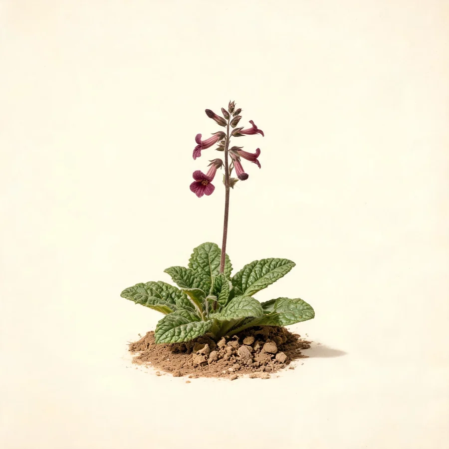 Botanical illustration of Rehmannia glutinosa in flower, showing its leaves and flowering stem