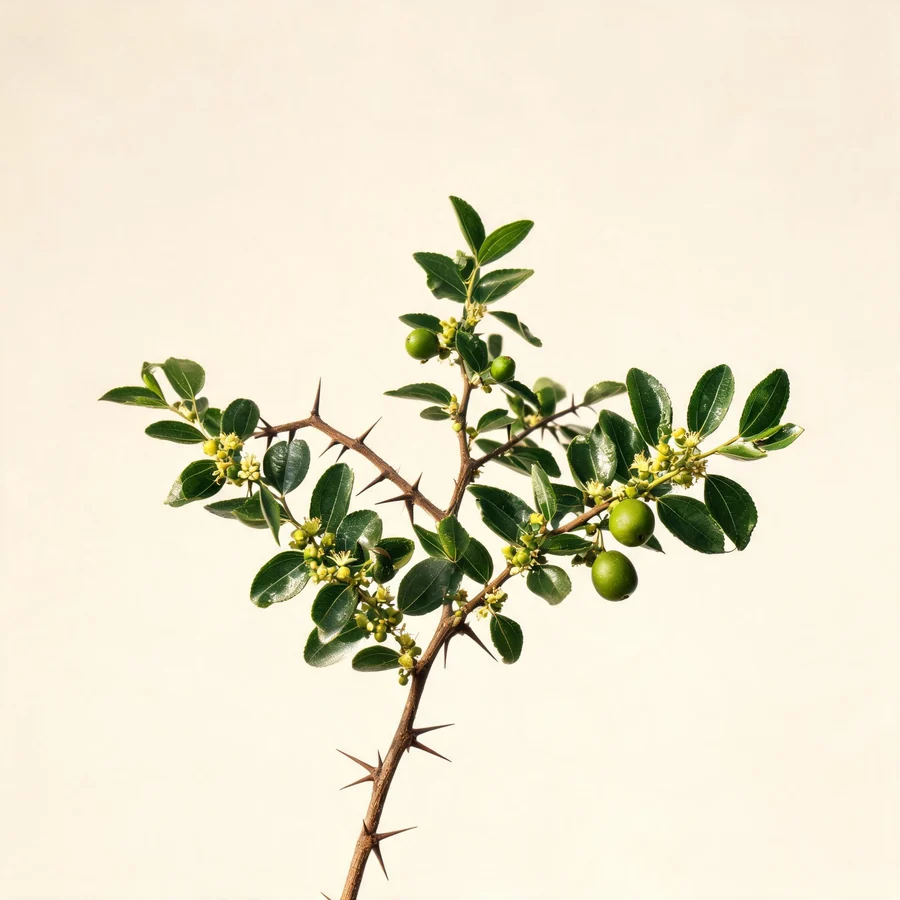 Botanical illustration of Ziziphus jujuba var. spinosa in flower, showing its leaves and flowering stem