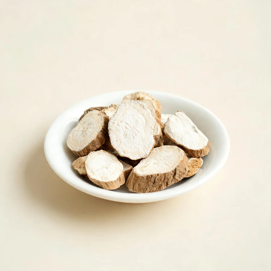 Dried Tian Hua Fen root arranged in a shallow bowl