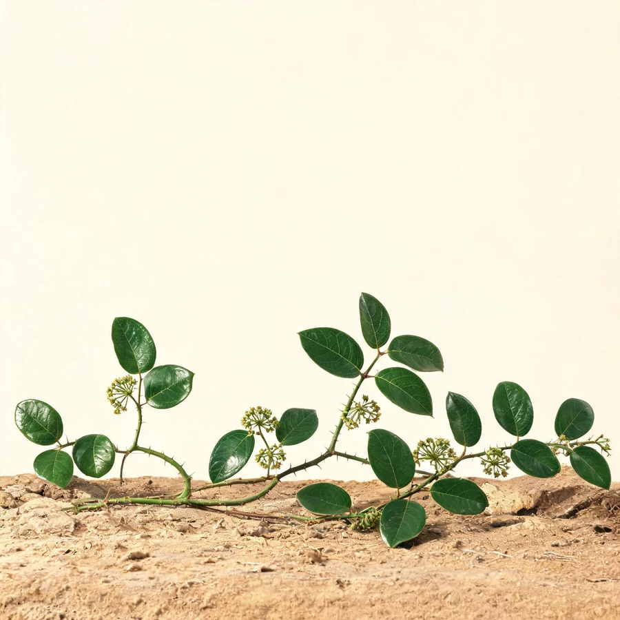Botanical illustration of Smilax glabra in flower, showing its leaves and flowering stem