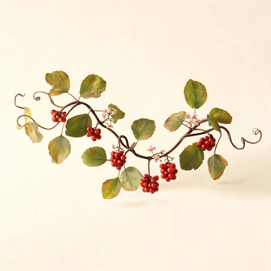 Botanical illustration of Schisandra chinensis in flower, showing its leaves and flowering stem