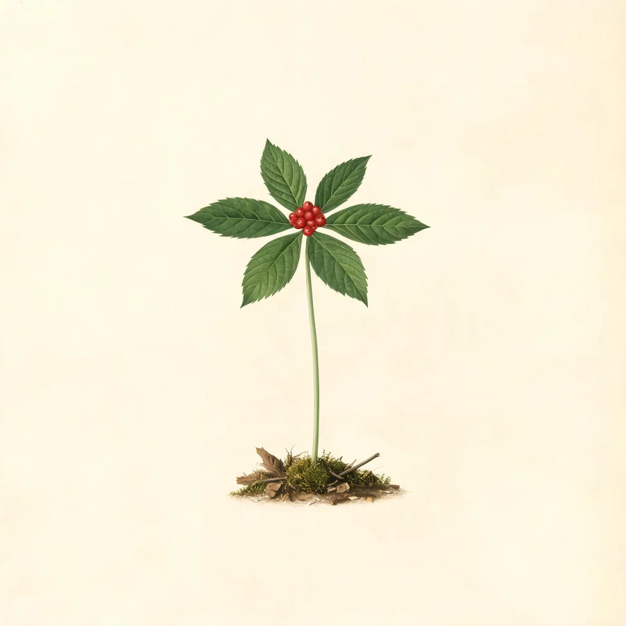 Botanical illustration of Panax quinquefolius in flower, showing its leaves and flowering stem