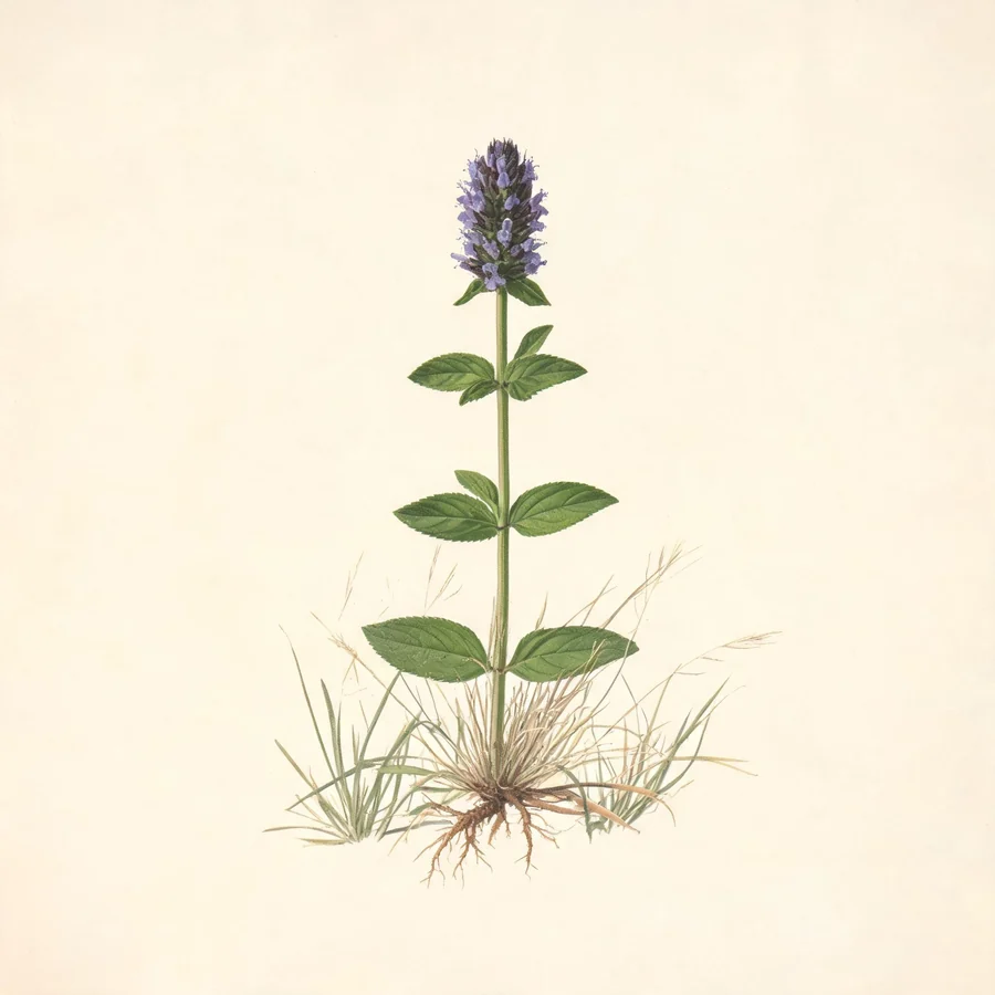 Botanical illustration of Prunella vulgaris in flower, showing its leaves and flowering stem