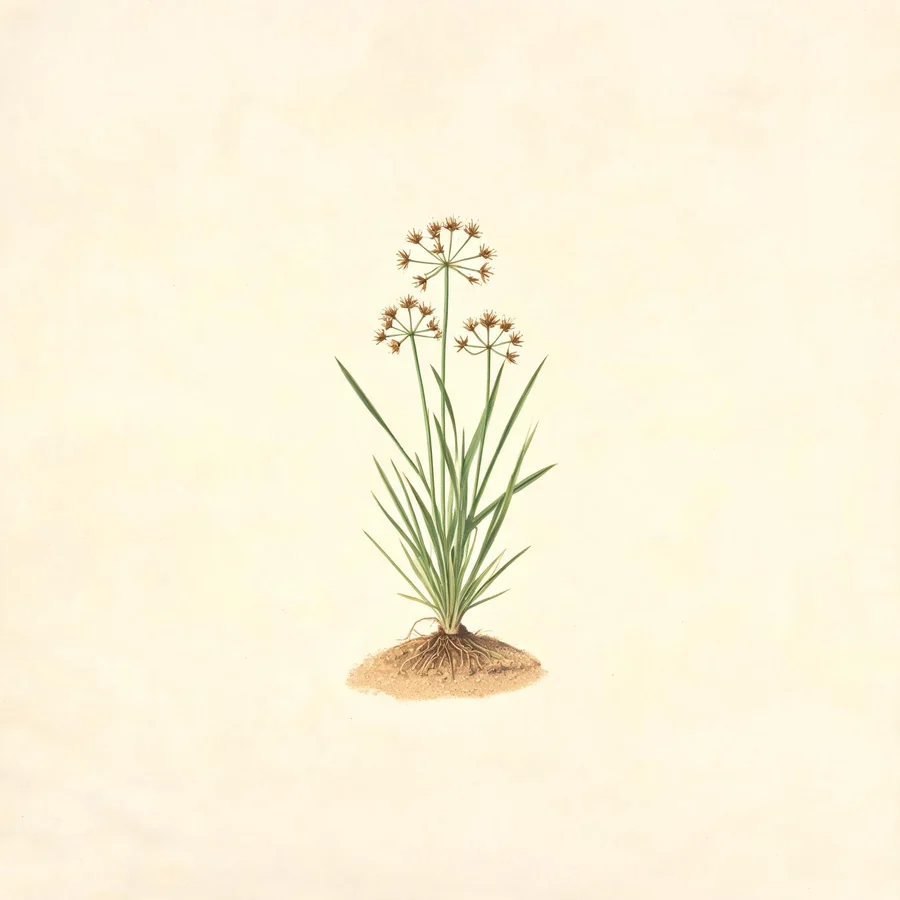 Botanical illustration of Cyperus rotundus in flower, showing its leaves and flowering stem
