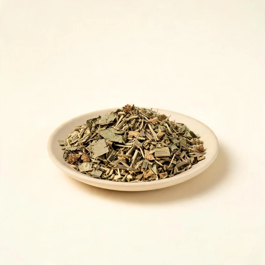 Dried Xiang Ru aerial parts arranged in a shallow bowl