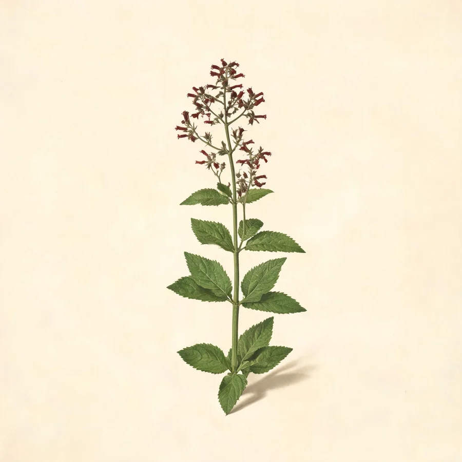 Botanical illustration of Scrophularia ningpoensis in flower, showing its leaves and flowering stem