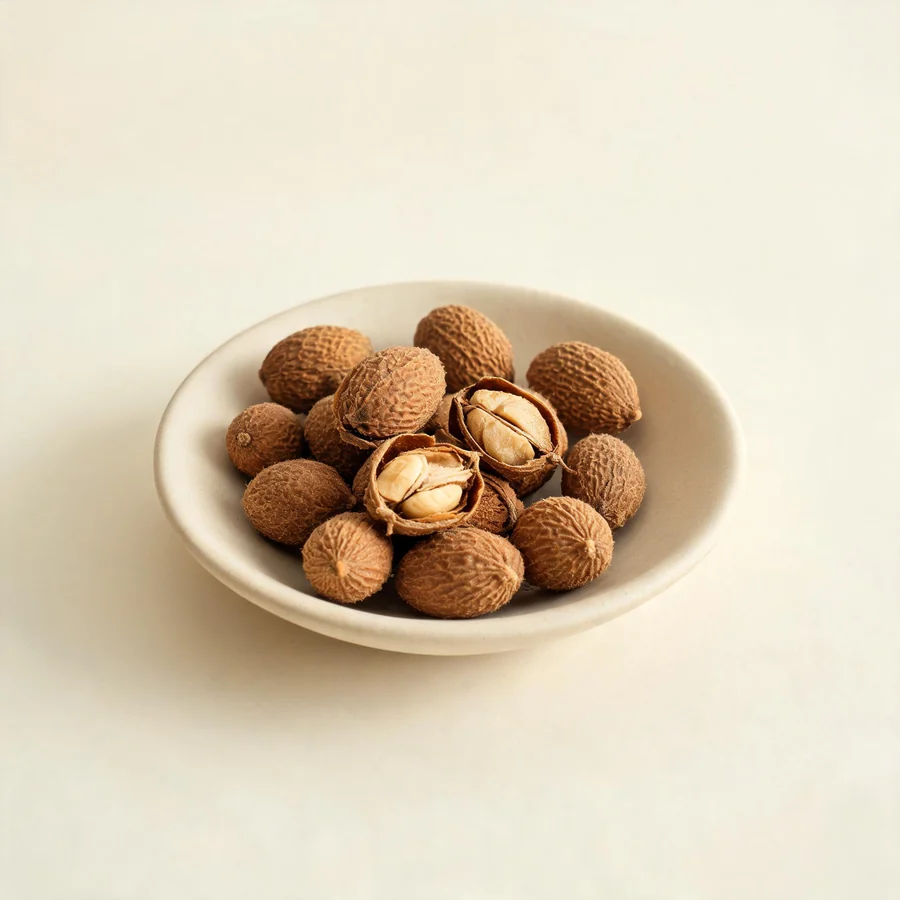 Dried Yi Zhi Ren fruit arranged in a shallow bowl