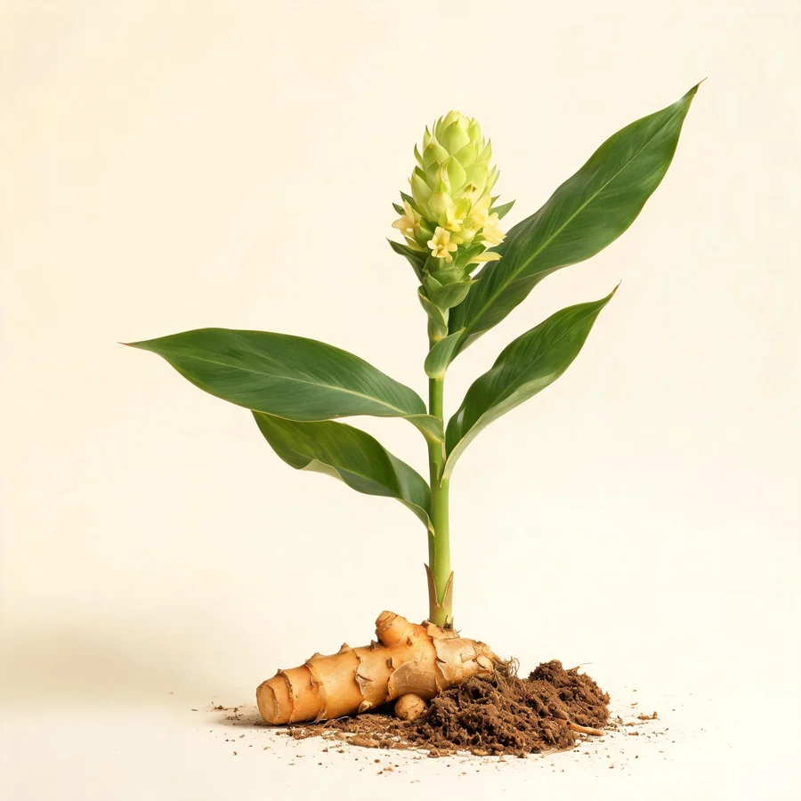 Botanical illustration of Curcuma wenyujin in flower, showing its leaves and flowering stem